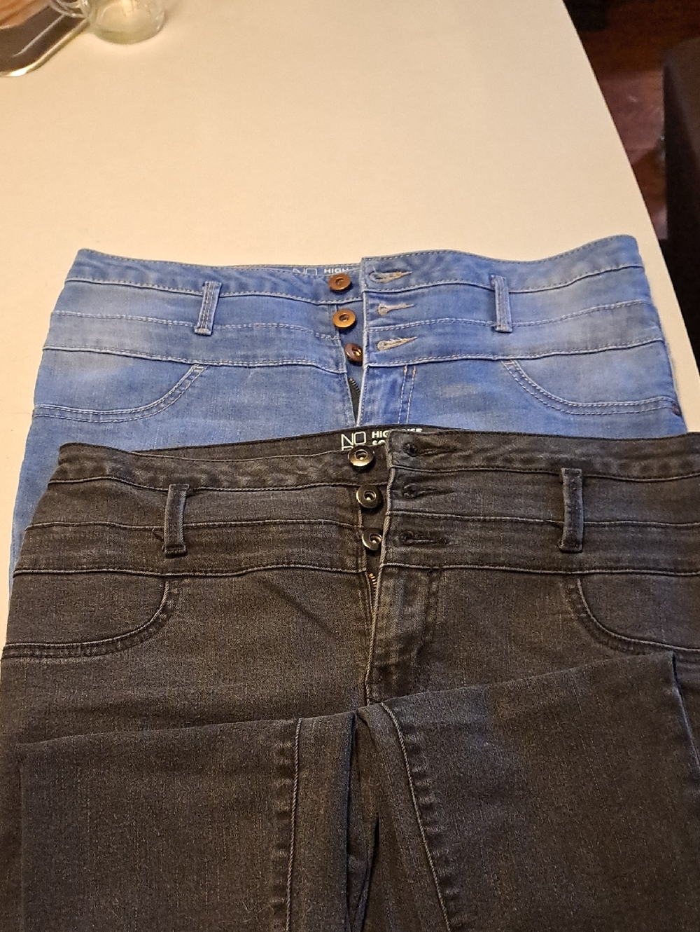2 Pair.  NOBO Women’s High-Rise Button-Fly Jeans in Light Blue and Black Denim